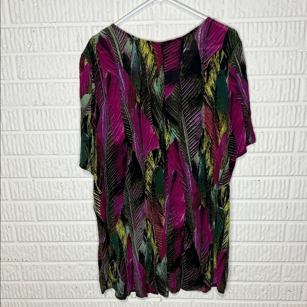 Roamans Multicolor Feather Print Button Down Shirt - Picture 2 of 4
